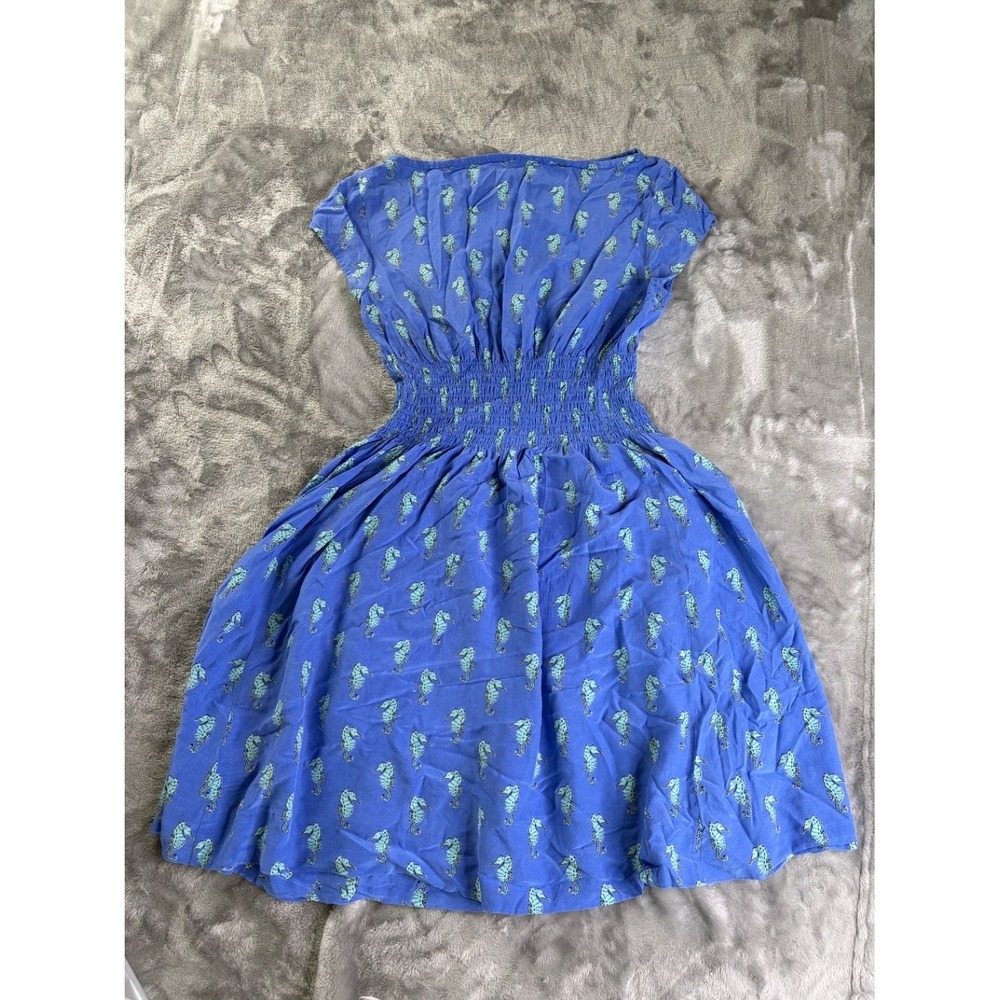Kate Spade Seahorse Print Silk Dress Womens XXS Blue Smocked Waist Fit & Flare - Picture 7 of 8
